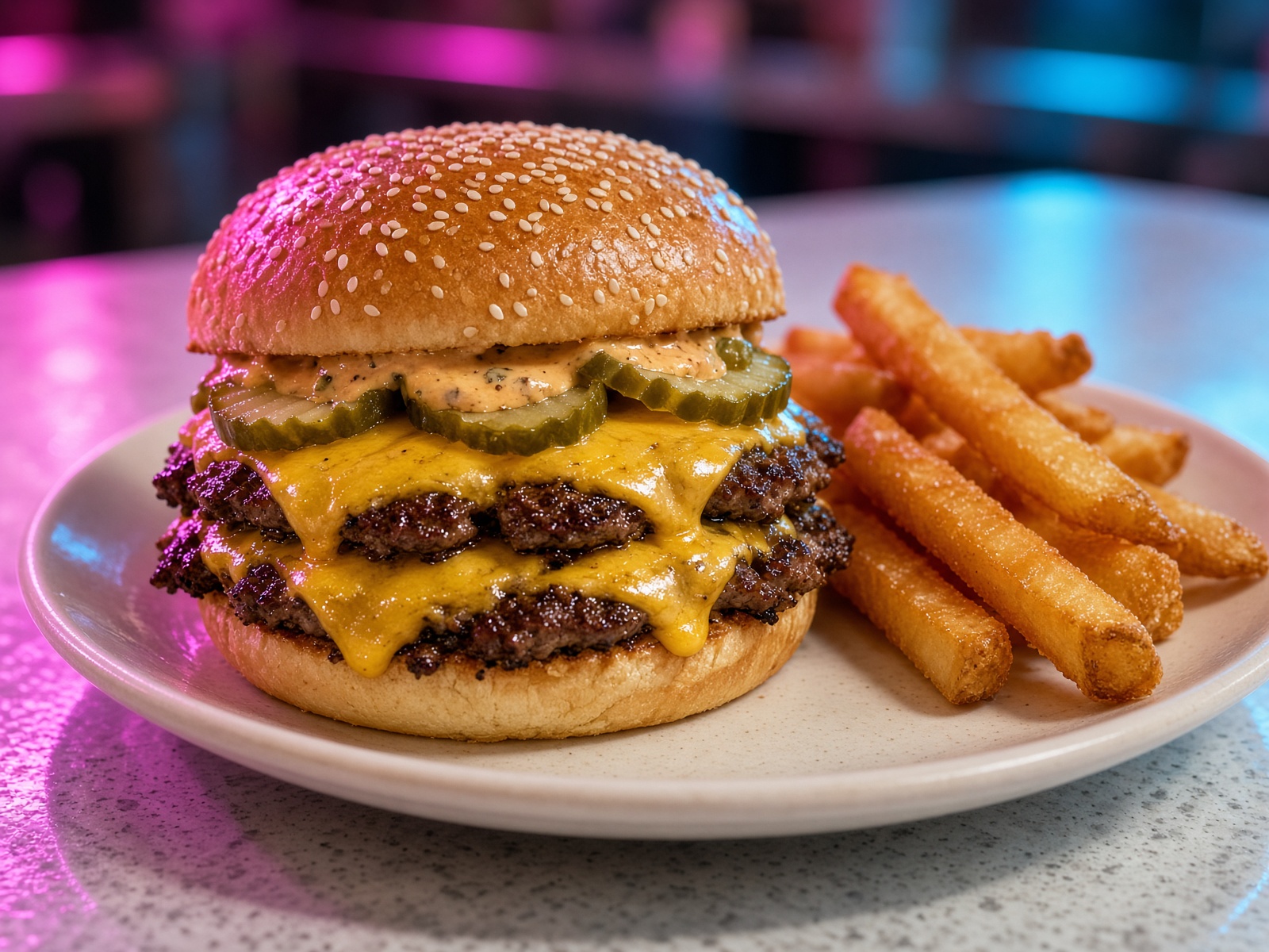 Double smash cheeseburger with pickles and fries on a cream diner plate.