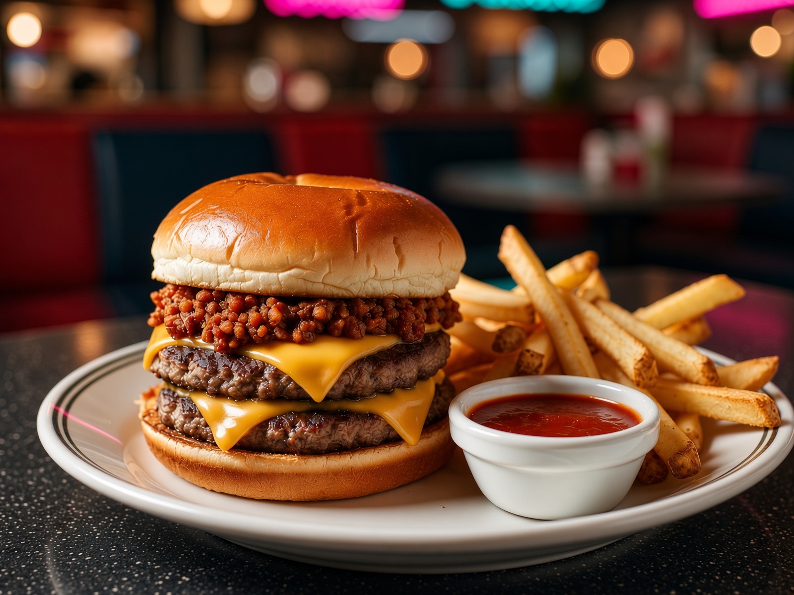 Double smash patty, American cheese, Ronnie's chili, chopped onion, toasted bun.