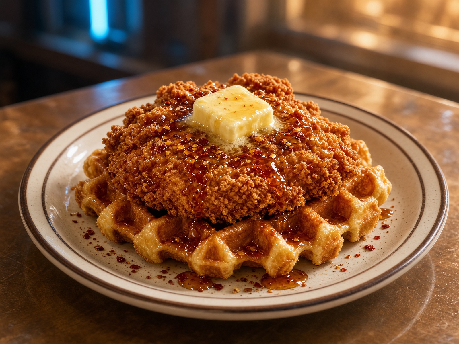 Fried chicken on a Belgian waffle with hot honey.