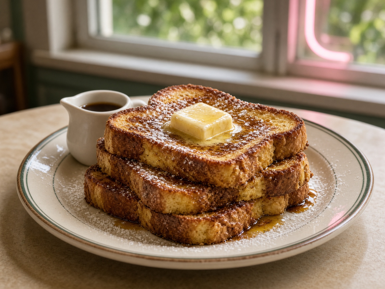 Stacked cinnamon French toast with melting maple butter on a diner plate.