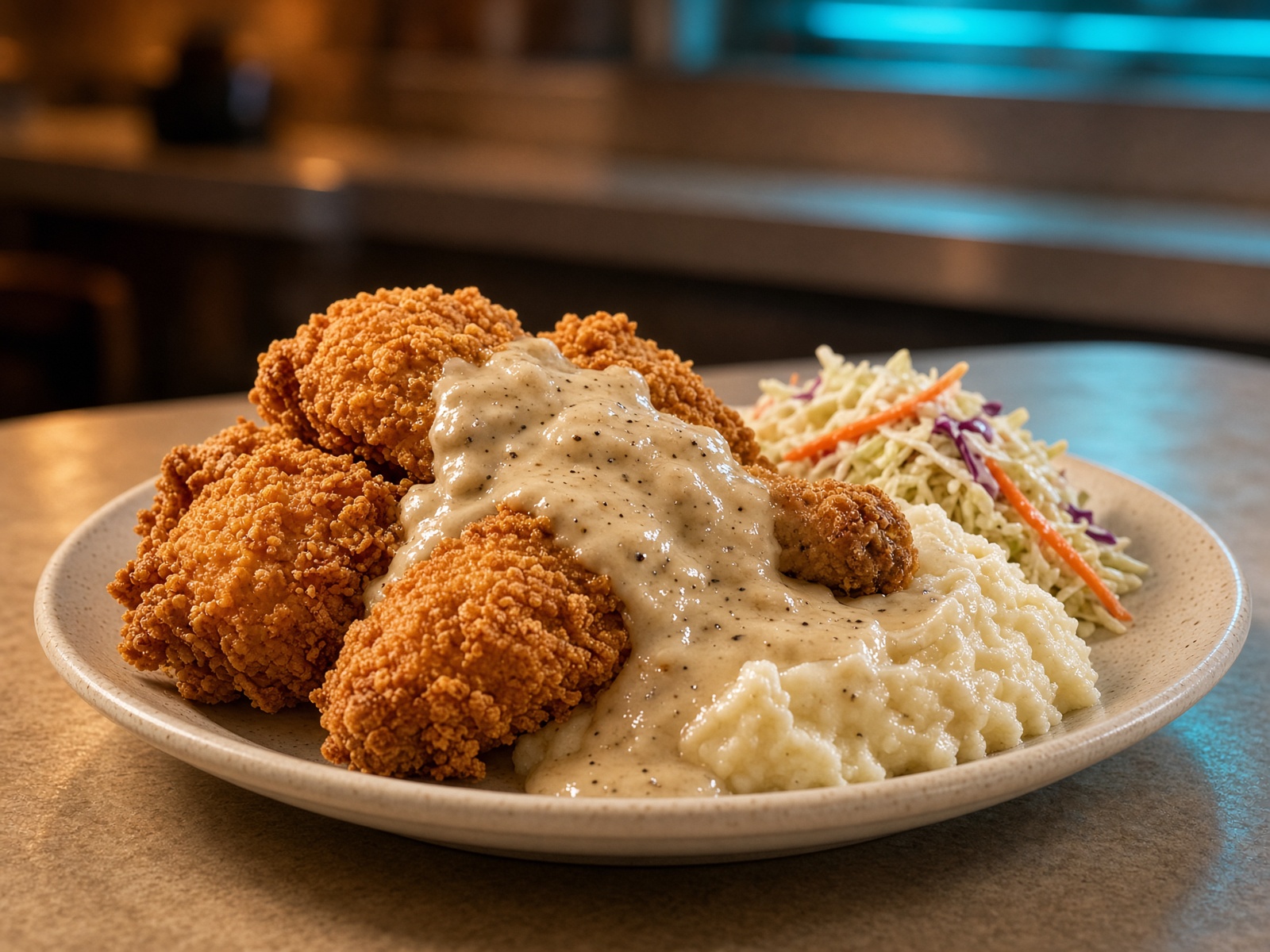 Golden fried chicken with mashed potatoes, gravy, and coleslaw.
