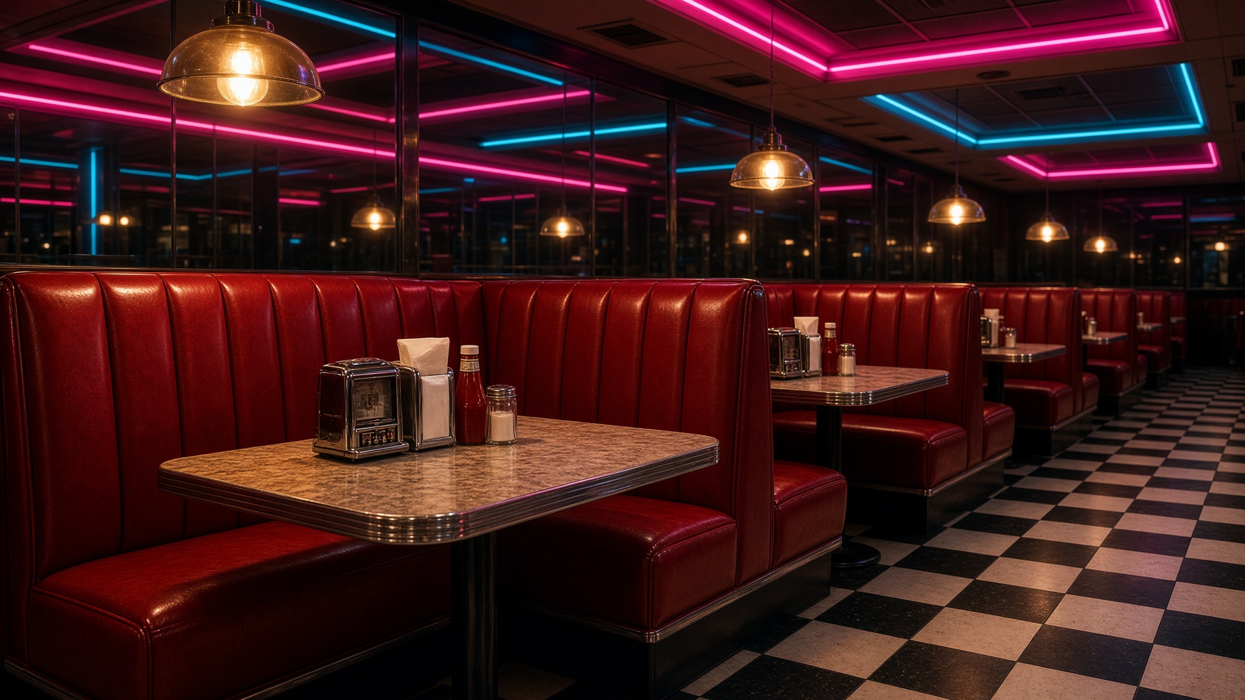 Cherry-red vinyl booths, checkerboard floor, and magenta-cyan neon tracing the diner ceiling.