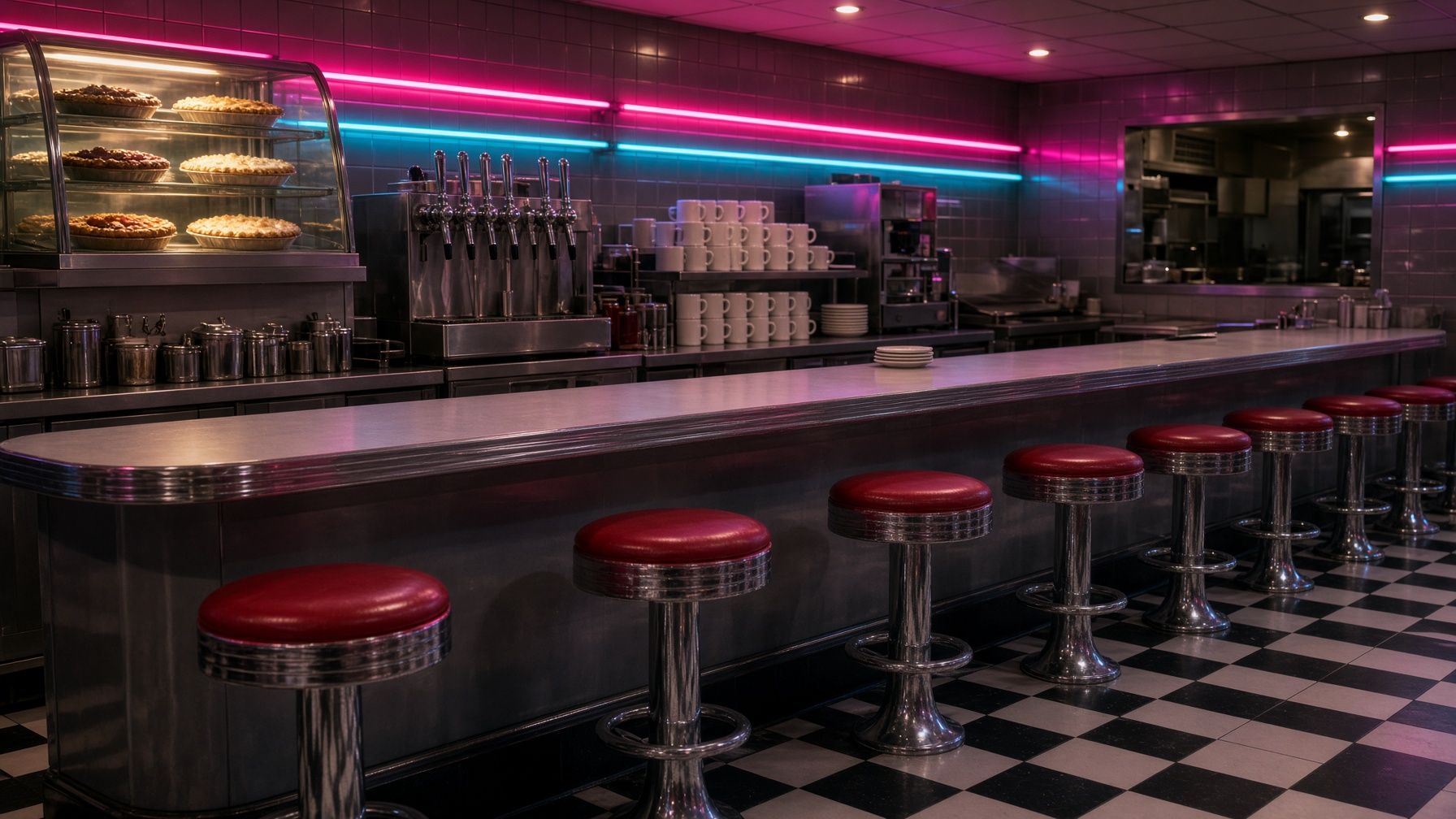 Chrome diner counter, red vinyl stools, and a pie case under magenta neon.