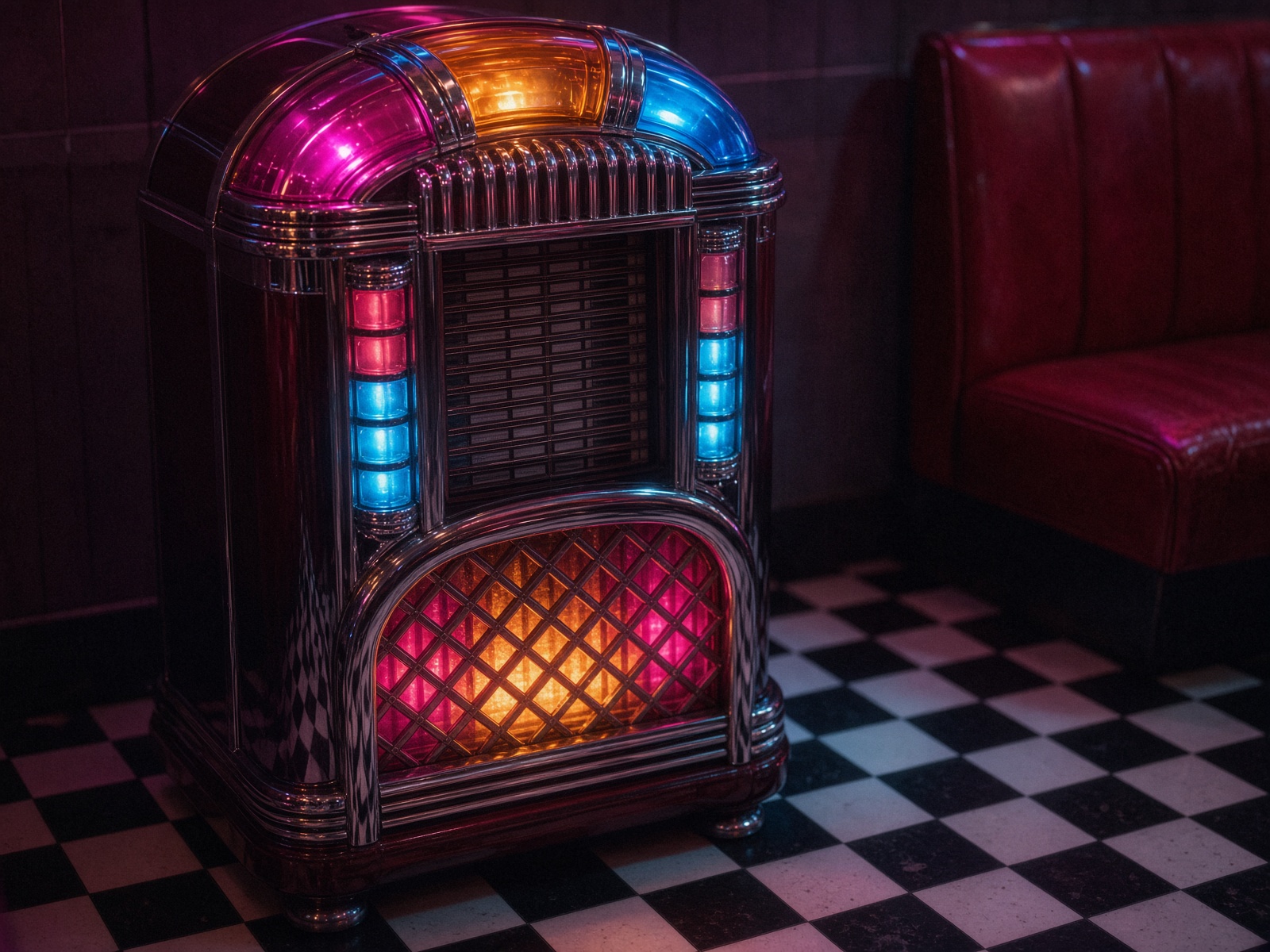 Vintage diner jukebox glowing magenta and cyan beside a red vinyl booth.