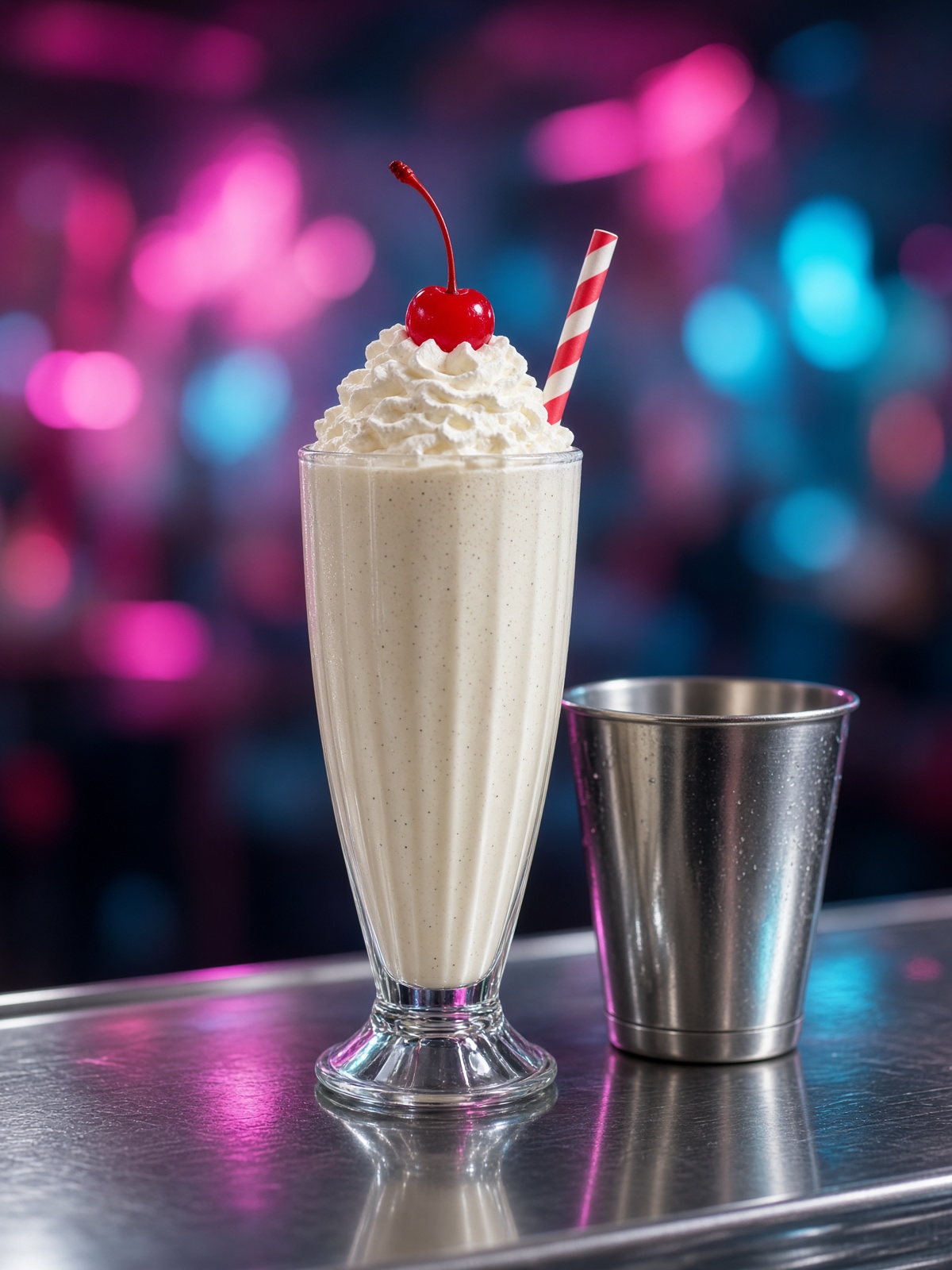 Tall vanilla milkshake with whipped cream and a cherry in a fountain glass.