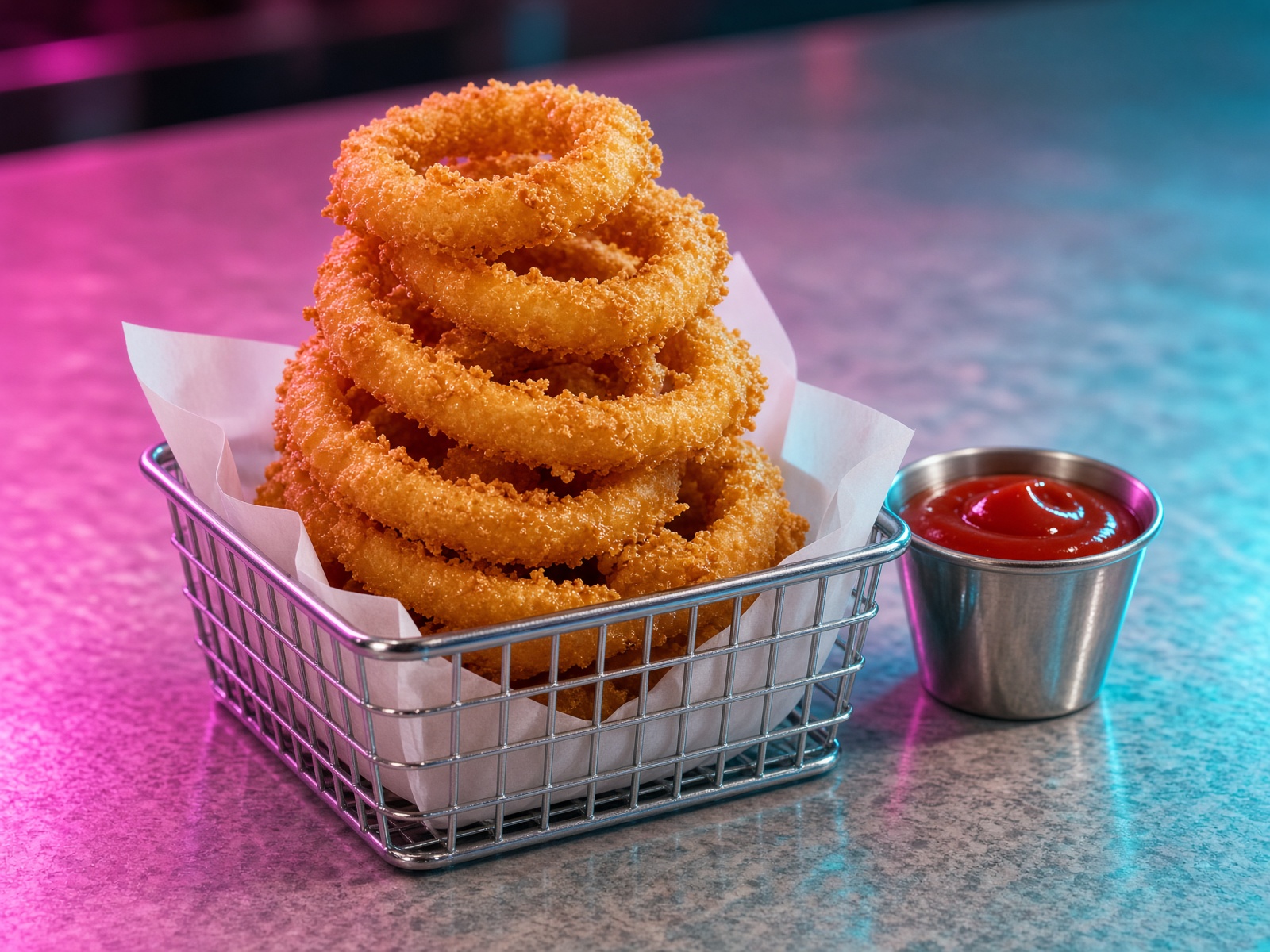 A tall stack of golden onion rings in a chrome diner basket.