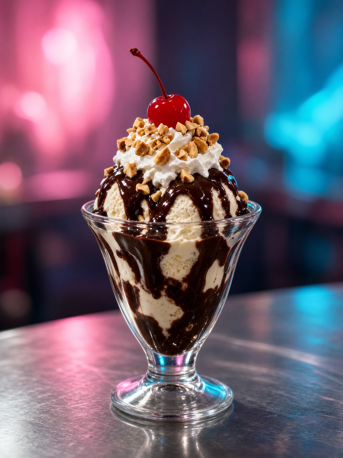 Hot fudge sundae in a tulip glass with whipped cream and a cherry.
